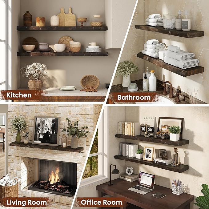 Floating Shelves Set of 2, Solid Elm Wood Wall Shelves 32 Inch