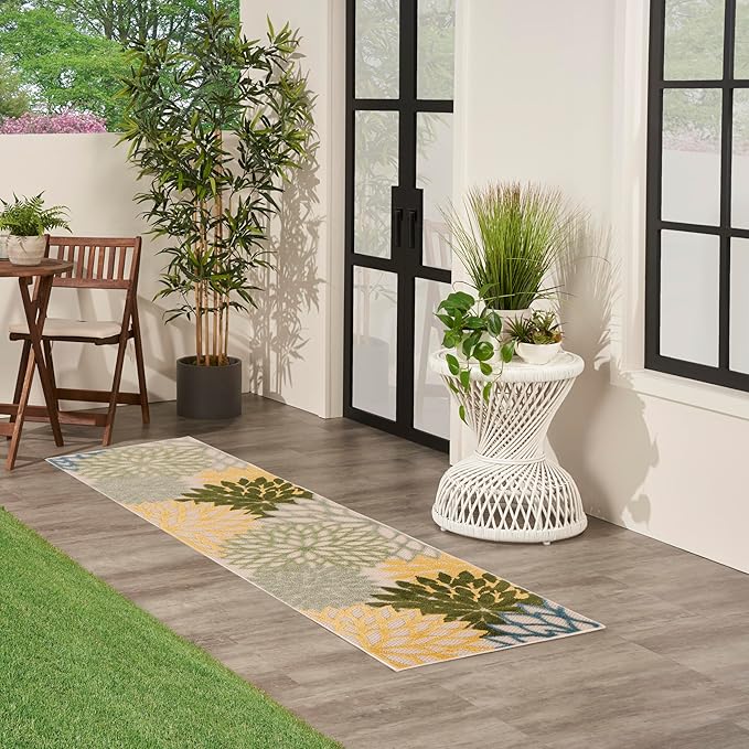 Nourison Home Aloha Indoor/Outdoor Green Multicolor 2' x 6' Area Rug, Easy Cleaning, Non-Shedding, Bed Room, Living Room, Dining Room, Backyard, Patio, Deck (2x6)