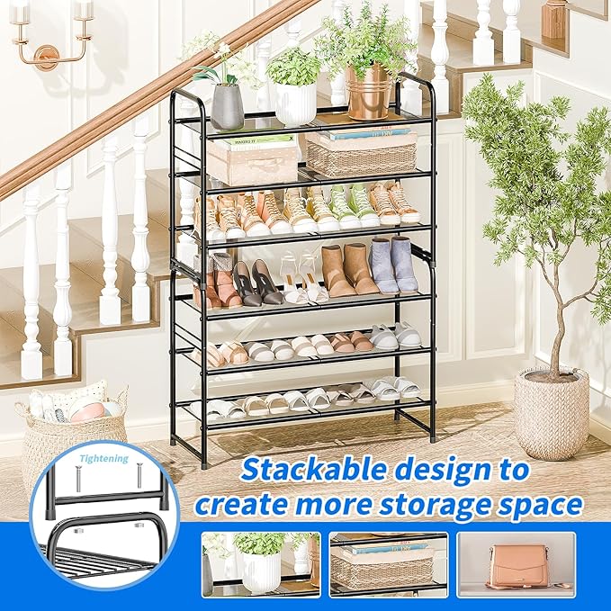 SUFAUY 3-Tier Mesh Shoe Rack, Closet Metal 33" Wide Shoe Rack Organizer Heavy Duty, Black