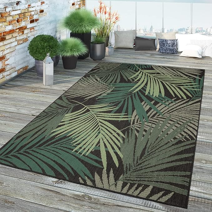 Indoor & Outdoor Rug Flat-Weave Jungle Floral Palm Trees Design Black Green, Size: 3'11" x 5'7"