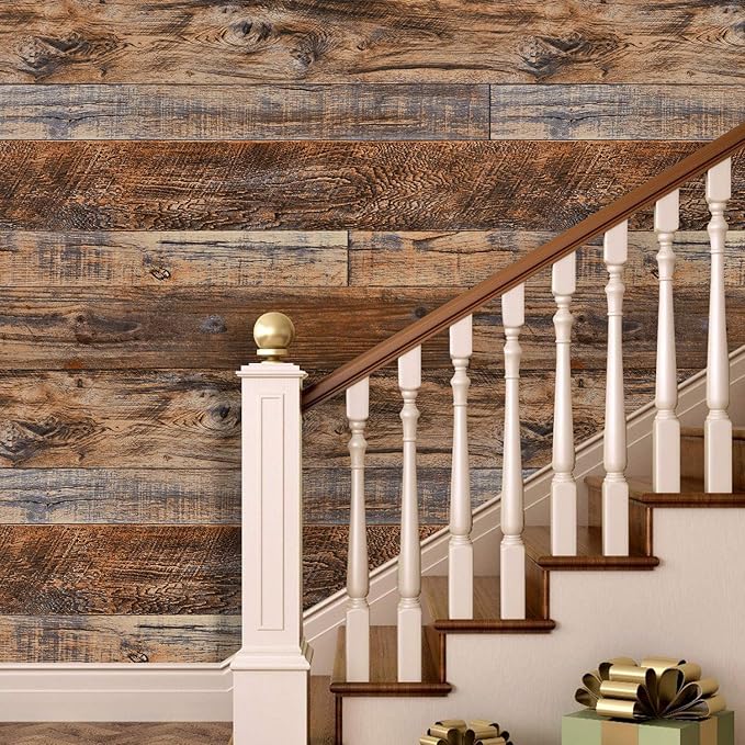 WENMER 17.71" x 118" Brown Wood Wallpaper Peel and Stick Shiplap Self Adhesive