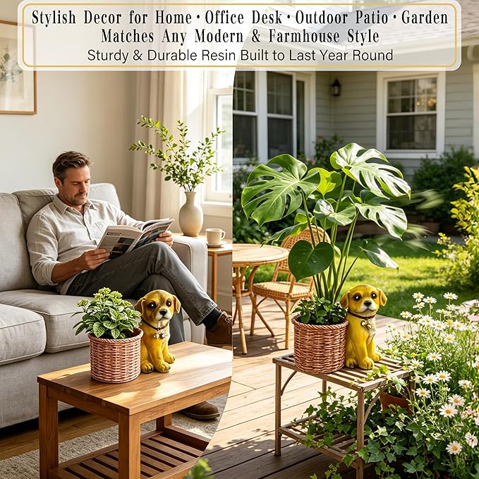 6.73” Cute Puppy Desk Planter-Small Resin Dog Succulent Planter for Desk Tabletop Office Decor-Indoor Plant Pot Animal Shaped Pot for Home Patio-Perfect Dog Lover Gift for Dog Owner Office Home