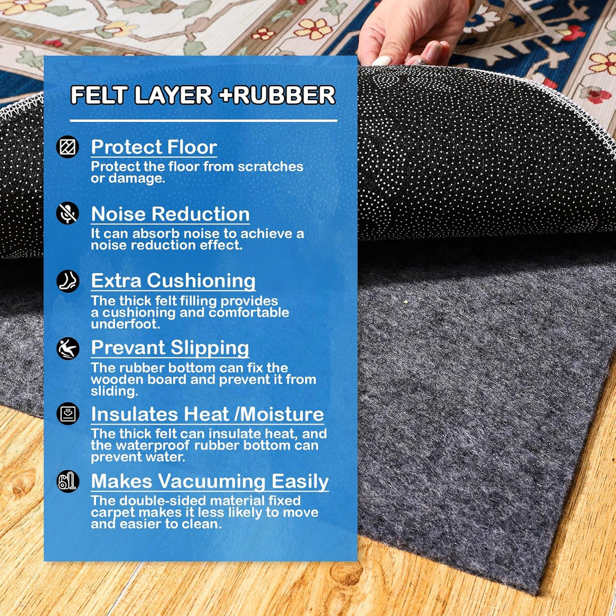 Non-Slip Rug Pads 9 x 12 ft, 100% Waterproof Extra Large Area Rugs Non Skid Rug Pad for All Floors and Finishes Durable Hardwood Floor Protective Felt Keeps Rugs in Place, Safe and Secure