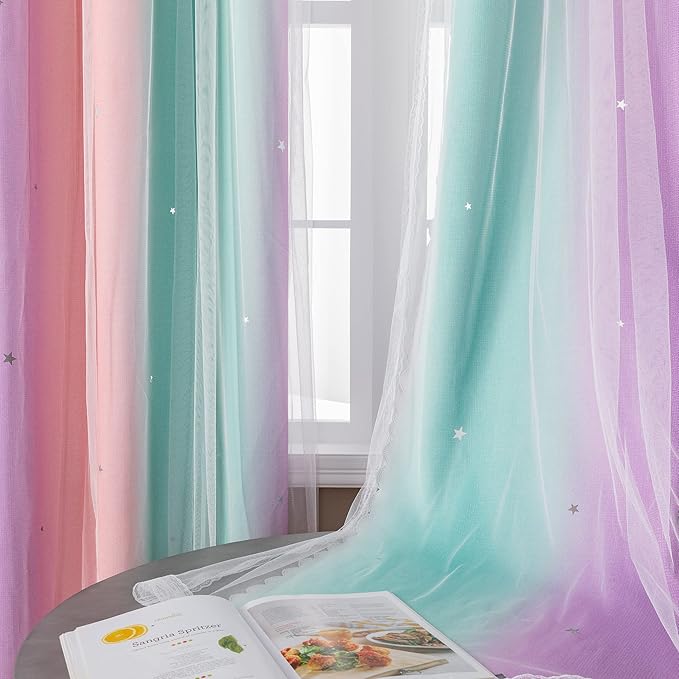 XiDi Curtains for Bedroom Decor, Kids Room Curtains for Girls Rainbow Colour