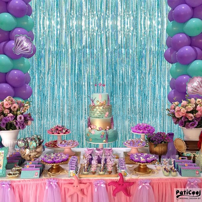 Thicken Blue Streamers 2 Pack 3.2 x 8.2 FT, Light Blue Birthday Decrorations Tinsel Backdrop Curtains, Foil Fringe Photo Backdrop for Baby Shower, Frozen, Under The Sea Party Decorations