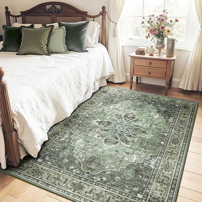 Area Rugs 6'x9' Washable Non-Slip, Floral Vintage Distress Print Pattern Medallion Carpet for Living Room Bedroom Dining Room, Dark Green Gray