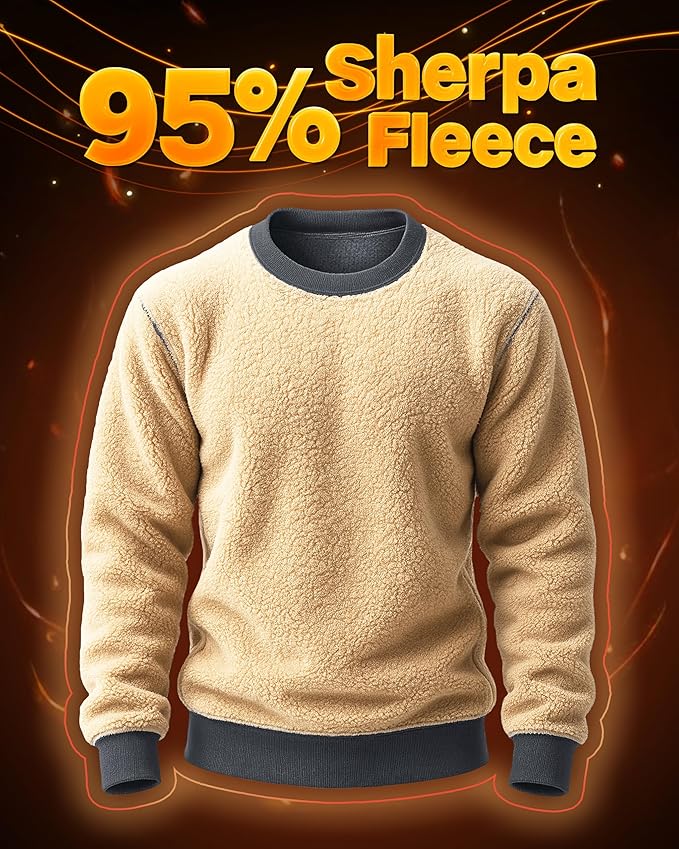 Boladeci Men's Full Sherpa Lined Crewneck Sweatshirts Heavy-weight Fleece Pullover Thick Thermal Long Sleeve Cotton