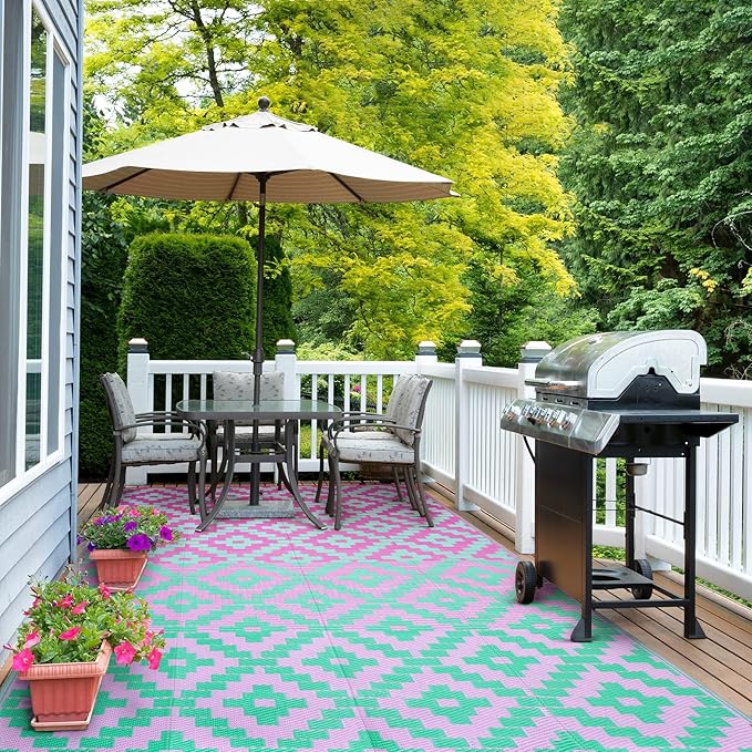 Anidaroel Ombre Outdoor Area Rugs 8x10 Waterproof, Reversible Plastic Straw Outside Rug for Patios Clearance, Large Outdoor Area Rug for RV Camping, Picnic, Camper, Backyard(Green&Pink,8‘x10')