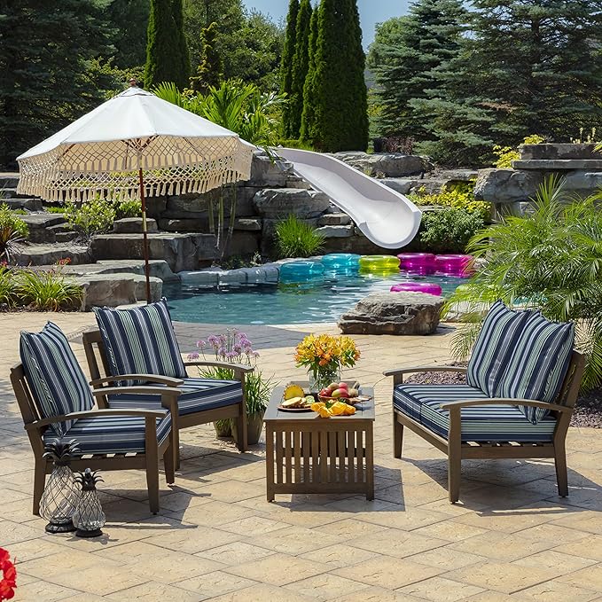 Arden Outdoor Foam Deep Seat Cushion Set (2-Pack), 24x24, Premium High-Density Foam, Never Flattens, Weather-Proof for Patio Chair Sofa Couch, Sapphire Aurora Blue Stripe