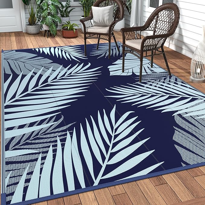 GENIMO Outdoor Rug 9' x 12' Waterproof for Patios Clearance, Reversible Outdoor Plastic Straw Camping Rug Carpet, Large Area Rugs Mats for RV, Camper, Deck, Balcony, Porch, Beach, Navy Blue&Baby Blue