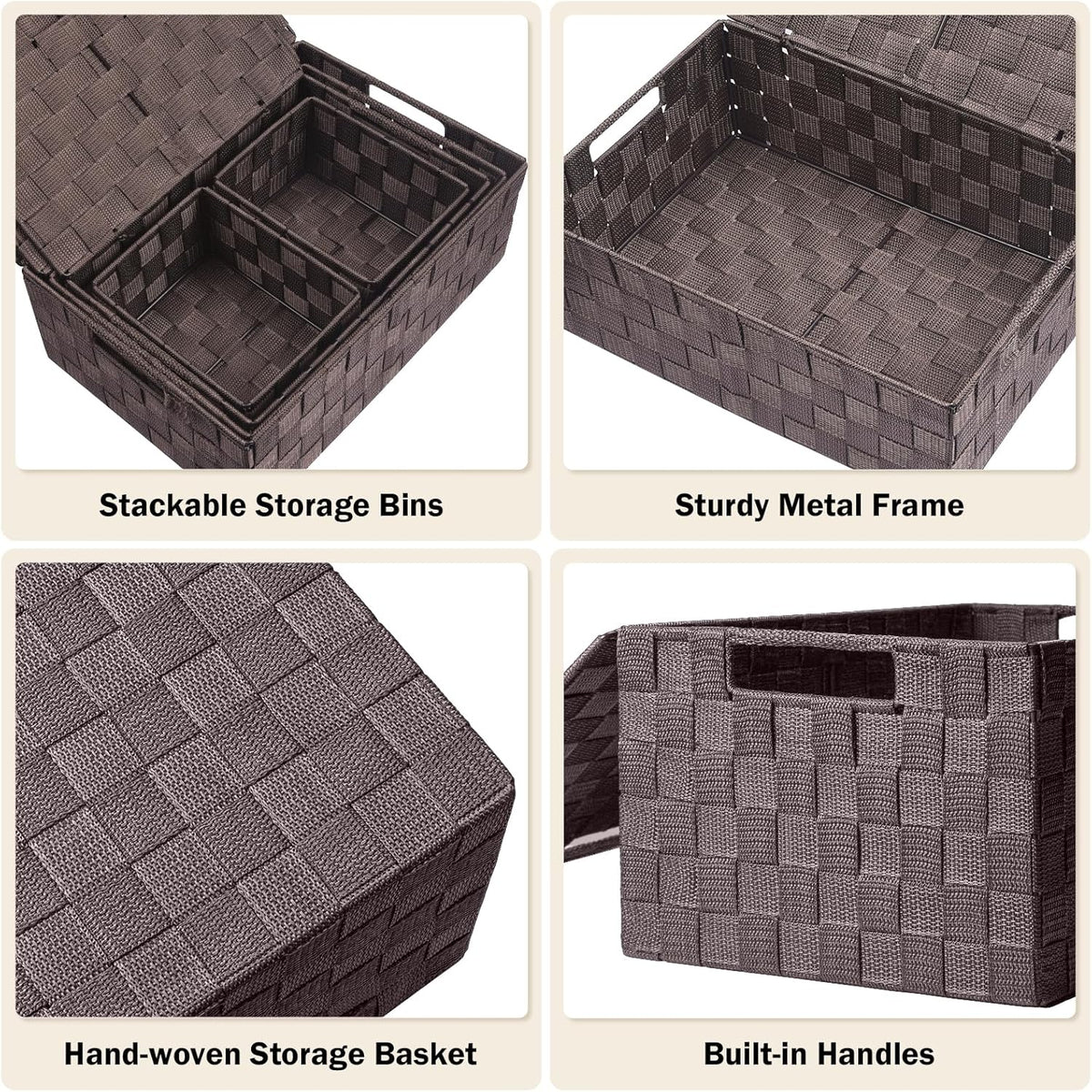 Storage Bins Baskets for Organizing with Lids, Storage Baskets for Shelves Stackable Woven Basket, Gift Small Basket Storage Cubes, Decorative Wicker Basket with Built-in Handles (5 Pack, Brown)