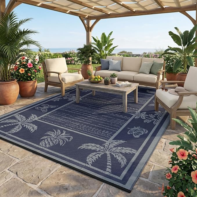 Garvee Outdoor Rug 8x10 Waterproof for Patios, Reversible Plastic Straw Rug, Tropical Leaf Indoor Outdoor Rugs, Large Area Rug for RV, Camping, Deck, Picnic Mat, Outside Carpet