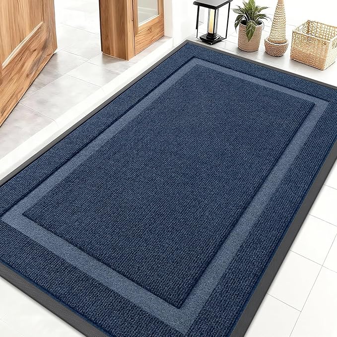 OLANLY Front Door Mat Indoor Outdoor Entrance, Waterproof All-Season, All-Weather Doormat, Sturdy Natural Rubber, Fade Resistant, Low Profile, Easy Clean Patio Porch Entryway Mat, 47x32, Blue