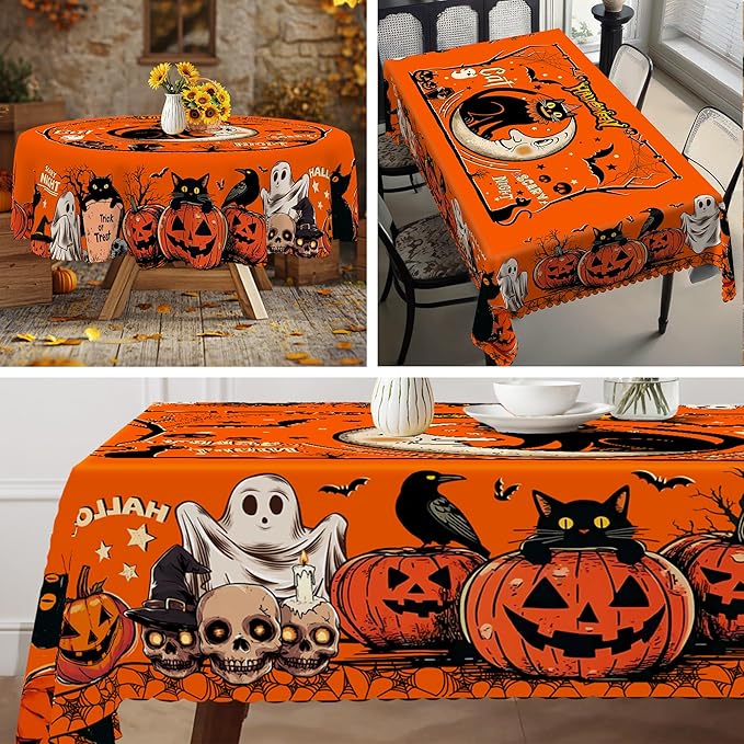 Eikione Round Tablecloth 60inch, Halloween Batcat Tablecloth Waterproof and Wrinkle-Free, Table Covers, Summer Decorations for Home Dining