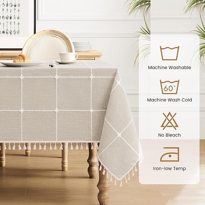 puredown® Plaid Square Tablecloth, Waterproof Cotton Linen Tablecloth with Tassel, Rustic Farmhouse Table Cloths for Kitchen Dining Outdoor, 55"x55",4 Seats, Coffee