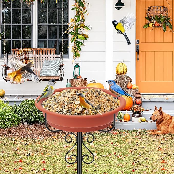 Bird Bath for Outside, 40In Freestanding Birdbaths & Birdfeeder with Removable Bowl, Stable Metal Stake for Outdoors Garden Patio Yard Lawn Decor (Brown)