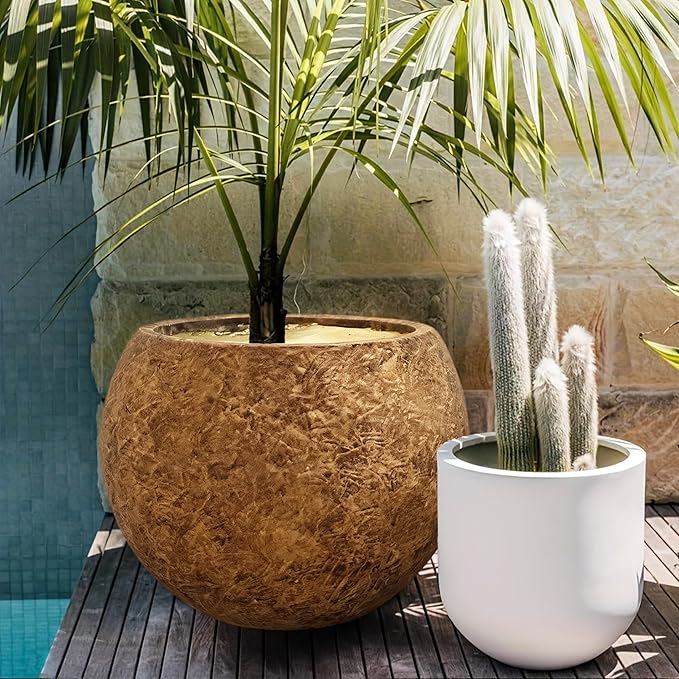 Panlaolao 17 H x 21" Dia (15" Pot Opening) Round Fiberstone Planter with Drainage Hole, Indoor/Outdoor Large Plant Pot for Home Patio Garden, Ideal for Large Plants-Camel
