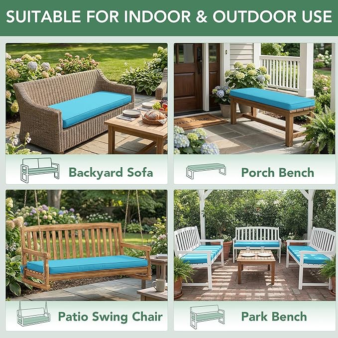 Summsun Outdoor Bench Cushion: Waterproof and Fade Resistant Patio Furniture Cushions - Non-Slip Bench Pad Cushion with Removable Cover for Garden Swing Porch Sofa Settee, 59 x 18 Inch, Teal
