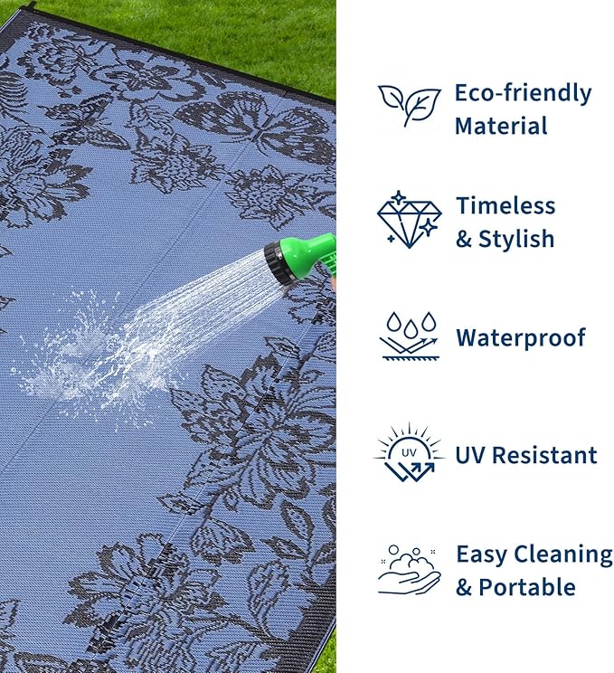 Garvee Outdoor Rugs 9' x 12’ Waterproof Reversible Mats, Large Area Plastic Straw Rug, Outside Carpet, Butterfly Floral Rv Mat for Patio Camping Picnic Backyard Deck Balcony Porch Beach Trailer