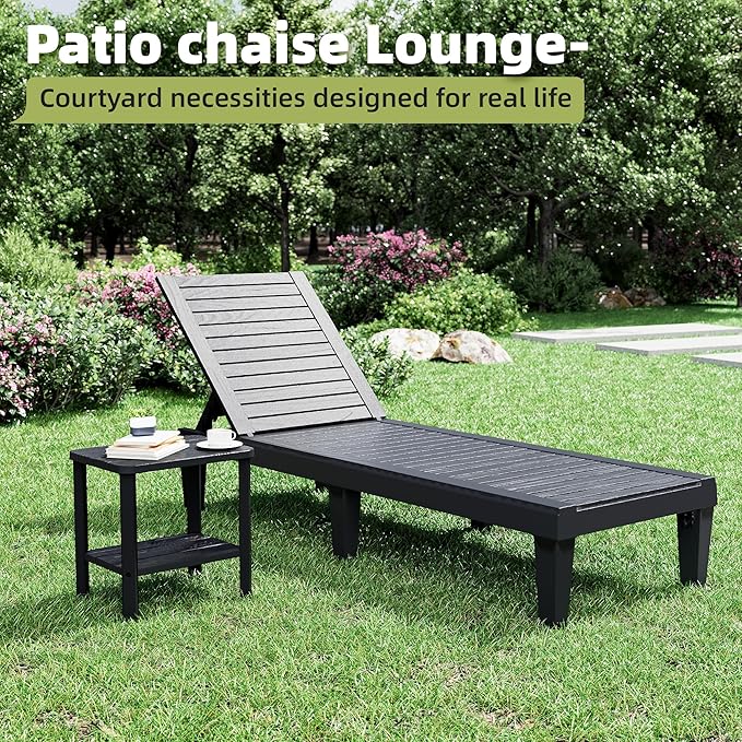 Outdoor Lounge Chair Set of 2 with 1 Black Side Table, 5-Positions Adjustable Patio Chaise Lounge with End Table, Waterproof Pool Lounge Chairs for Poolside, Backyard, Striped Black