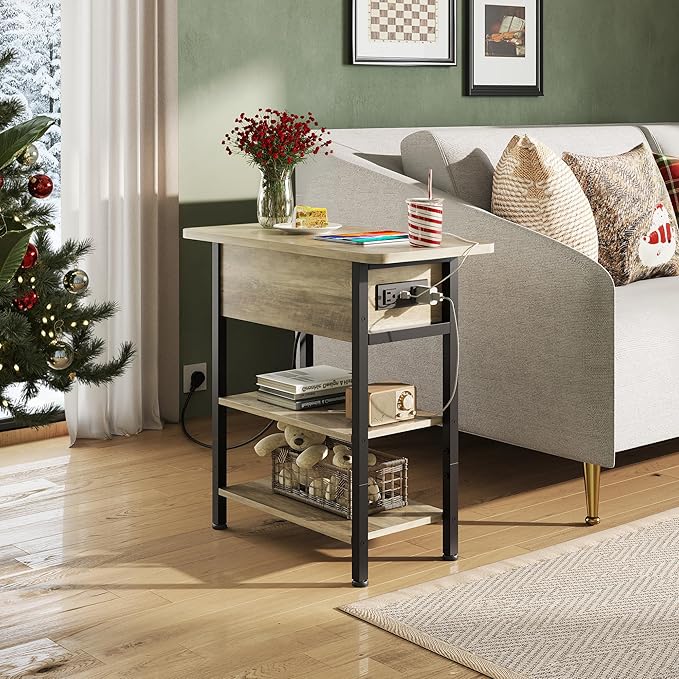 WLIVE End Table with Charging Station, Flip Top Narrow Side Table with Storage Shelf, Small Nightstand with USB Ports and Outlets,Bedside Table for Living Room, Bedroom,11.81" D x 23.62" W x 24.33" H