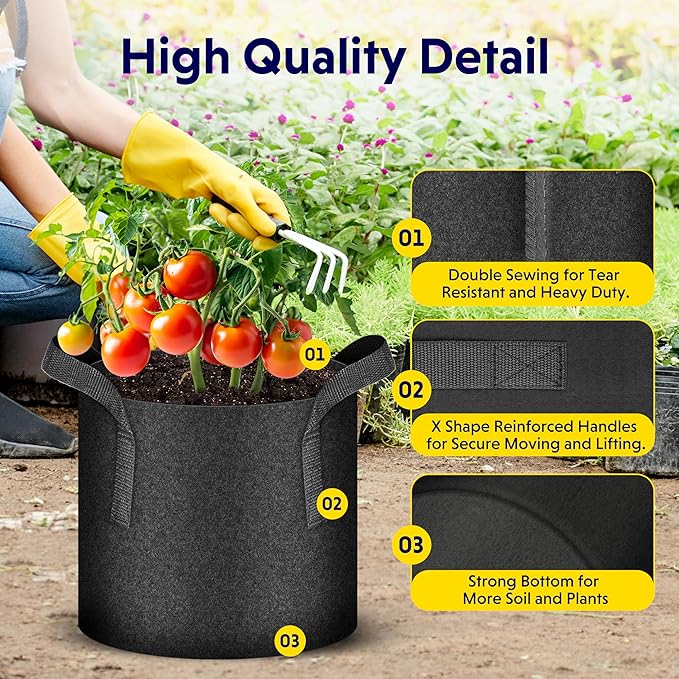 iPower 5-Pack 3 Gallon Plant Grow Bags Thickened Nonwoven Aeration Fabric Pots Heavy Duty Durable Container, Strap Handles for Garden, Black