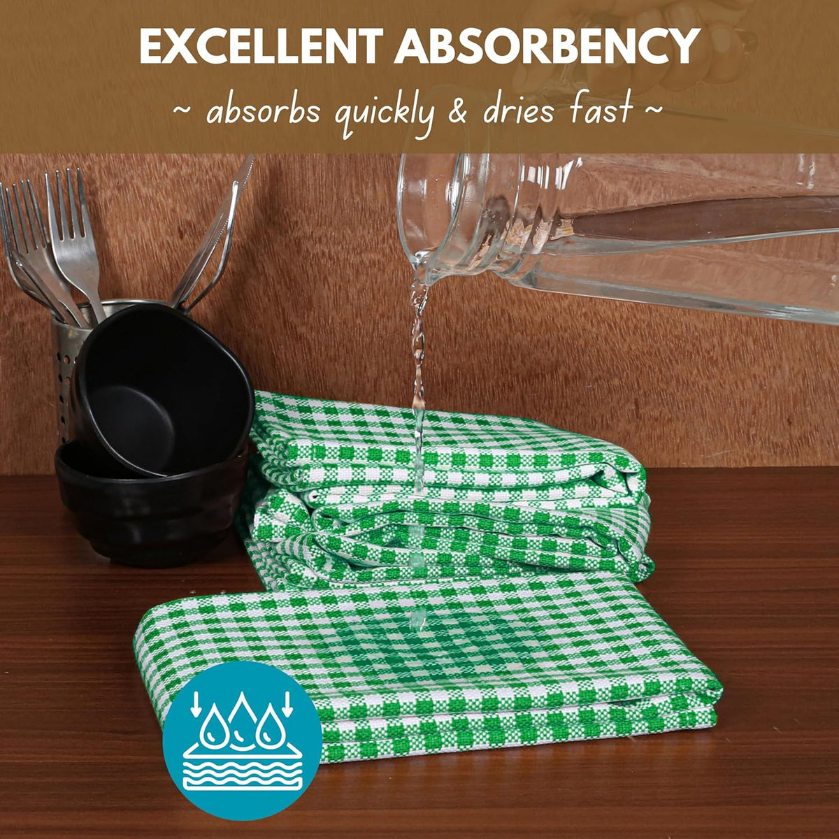 Native Fab 6 Pack Kitchen Towel with Hanging Loop 16x26 inches, Cotton Gingham Check Kitchen Towels for Drying Dishes, Soft & Absorbent Washcloths, Dish Cloth, Green White