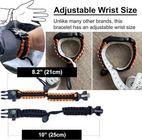 aZengear Paracord Survival Bracelet (2 Pack) | Flint Steel Fire Starter, Whistle, Compass, Mini Saw | Adjustable Wrist Band Size for Camping, Bushcraft, Emergency Kit (Black & Orange)