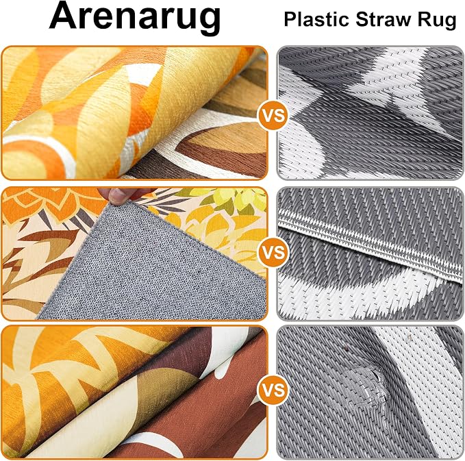 Colorful 6x9 Outdoor Area Rug Washable Multicolored Patio Rug Tropical Botanical Floral Chenille Waterproof Outdoor Carpet Non-Slip for Patio, Deck, Backyard, Porch, Orange