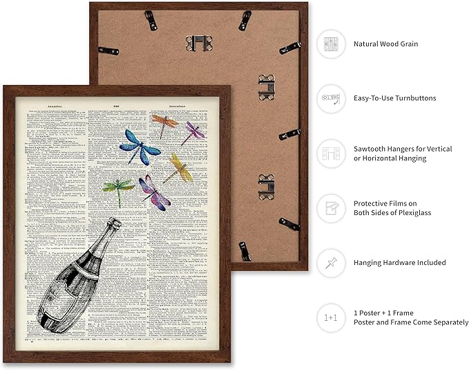 Poster Master Dictionary Art Poster - Champagne Bottle Print - Dragonfly Art - Alcohol Art - Gift for Men, Women & Bartender - Great Decor for Bar, Kitchen or Restaurant, 16x20 Brown Framed