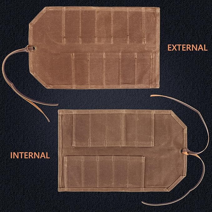 Tool Roll,10Slots Tool Roll Up Pouch,Heavy Duty Waxed Canvas Tool Roll Bag,Chisel Wrench Spanner Roll Tool Pouch with Leather Rope,Tool Roll Organizer for Mechanic Electrician Plumber Carpenter