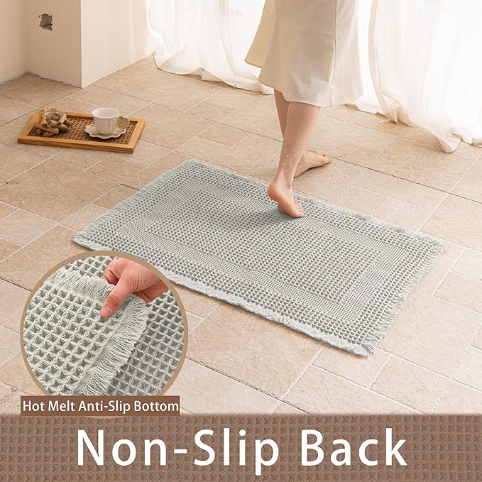 Waffle Bath Mat Non Slip, Boho Bathroom Rug, Super Absorbent Quick Dry Bathroom Mat, Soft Farmhouse Bath Rug with Tassels, Small Washable Shower Mats for Floor 16"x24", Square Light Grey