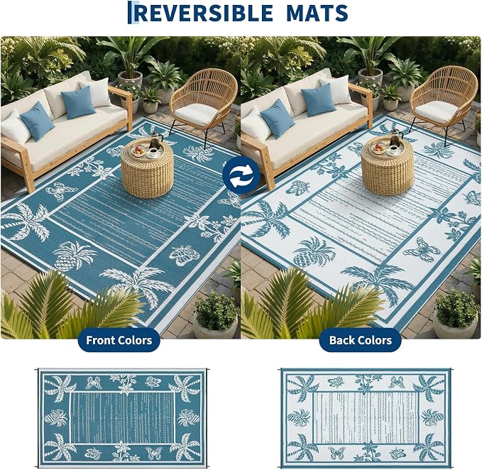 Garvee Outdoor Rug 5x8 Waterproof for Patios, Reversible Plastic Straw Rug, Tropical Leaf Indoor Outdoor Rugs, Large Area Rug for RV, Camping, Deck, Picnic Mat, Outside Carpet, Blue & White