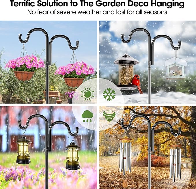 Double Shepherds Hooks for Outdoor, 92" Heavy Duty Bird Feeder Pole with 5 Prong Base, Adjustable Shepherds Hook for Bird feeders Outside, Garden, Weddings, Hanging Plants, 2 Pack, Black