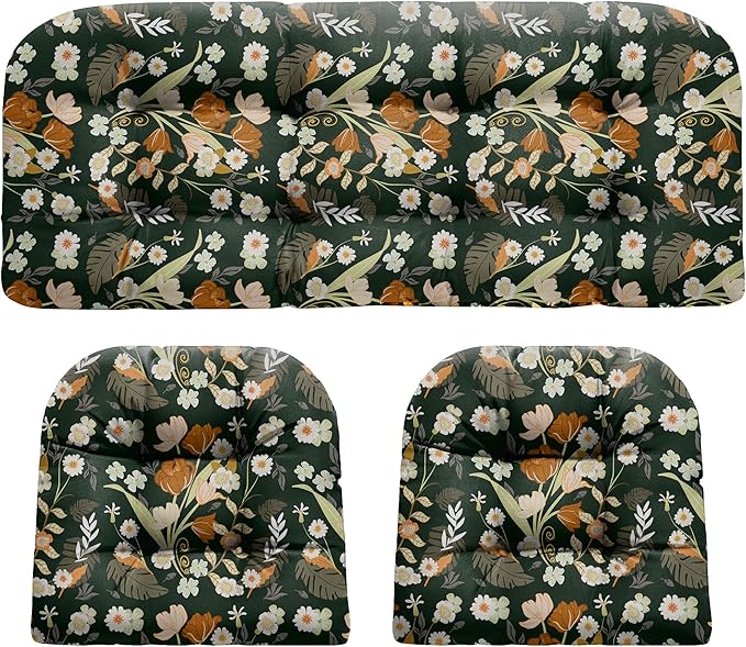 DANGHOOGY Wicker Chair Cushions, Waterproof Outdoor Loveseat Cushions for Patio Furniture, Tufted Wicker Furniture Cushions, 1 Loveseat and 2 U-Shaped Cushions (Black Floral)