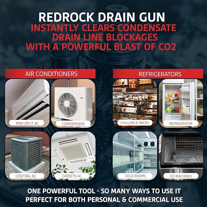 RedRock Gallo Drain Gun AC Drain Line Cleaner Tool, HVAC Air Conditioner Condensate Blaster Cleaning Kit with Flexible Hose Pipe, Includes 5 Unthreaded CO2 Cartridges