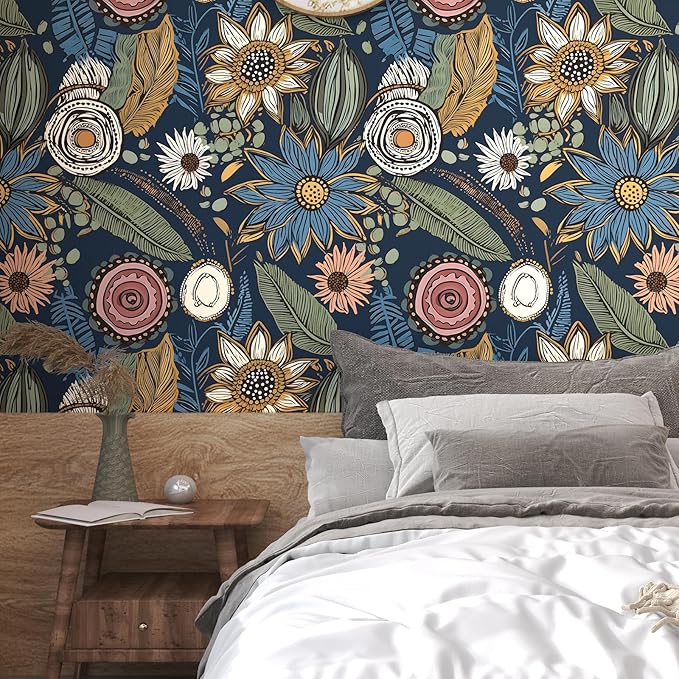 Blue Boho Wallpaper Peel and Stick, Vintage Floral Contact Paper 17.5" x 393.7"