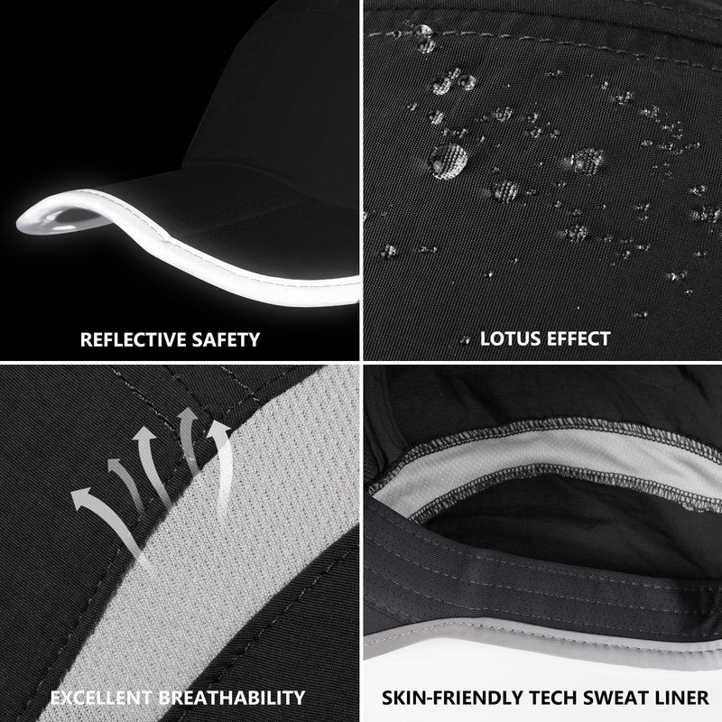 GADIEMKENSD Foldable Run Hat Reflective Baseball Cap Quick Drying Sports Hat for Men Woman Adjustable 50+ UPF Breathable Mesh Water Repellency Outdoor Race Performance Lightweight Black