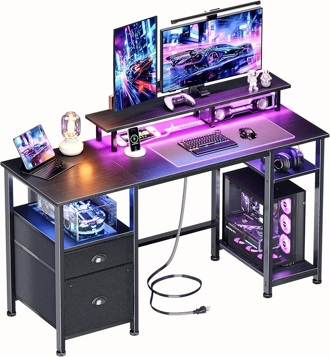 Furologee 51" Gaming Desk with Power Outlets & LED Lights, Reversible Computer Desk with File Cabinet & Monitor Stand for Home Office, Large Work Table with Storage Shelves & Drawer, Black