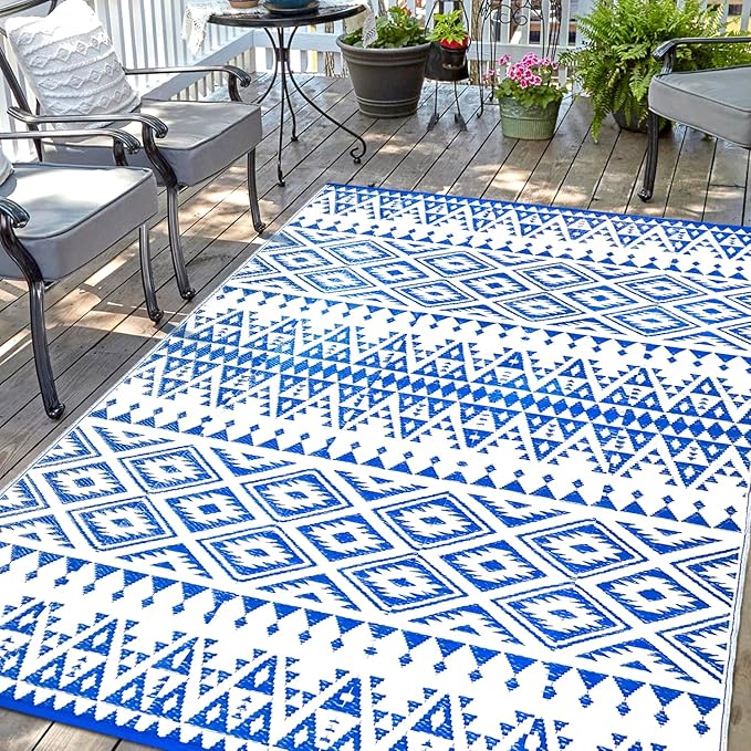 Waterproof Outdoor Rug 6x9ft, Bohemia Reversible Plastic Straw Mat for Patio RV Deck Porch Backyard Balcony Camping Picnic Beach Indoor Outdoor Carpet, Blue&White