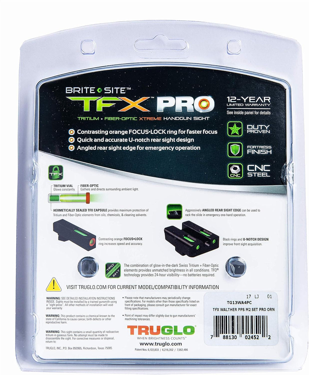 Truglo TFX PRO Night Sight for Handguns - Glowing Tritium & Fiber Optic, Compact & Durable