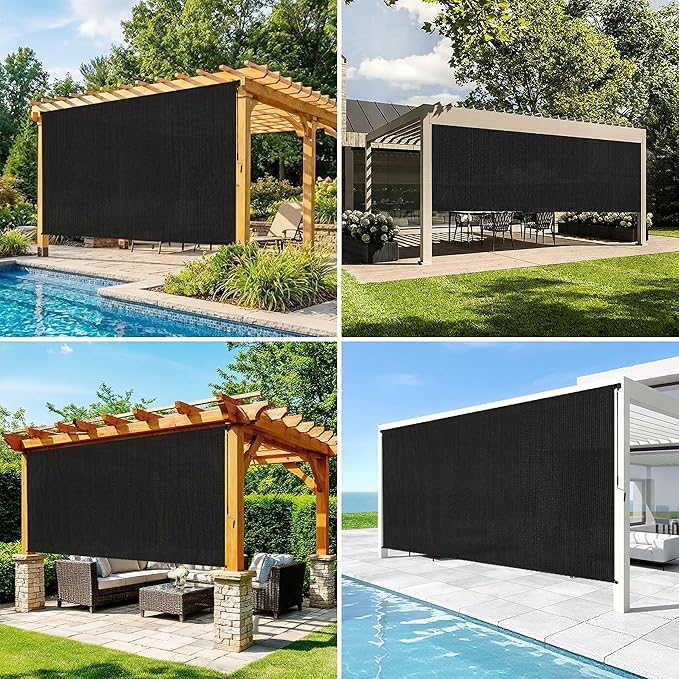 8'W x 6'H Black Patio Shades Roll up Outdoor Roller Shade Crank Wand Blind