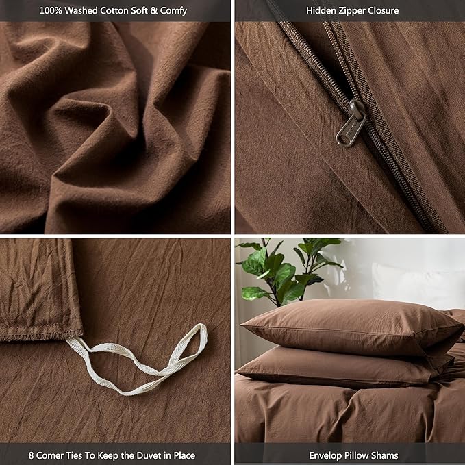MooMee Bedding Duvet Cover Set 100% Washed Cotton Linen Like Textured Breathable Durable Soft Comfy (Solid Cocoa Brown, Palatial King/Oversized King 120"x98")