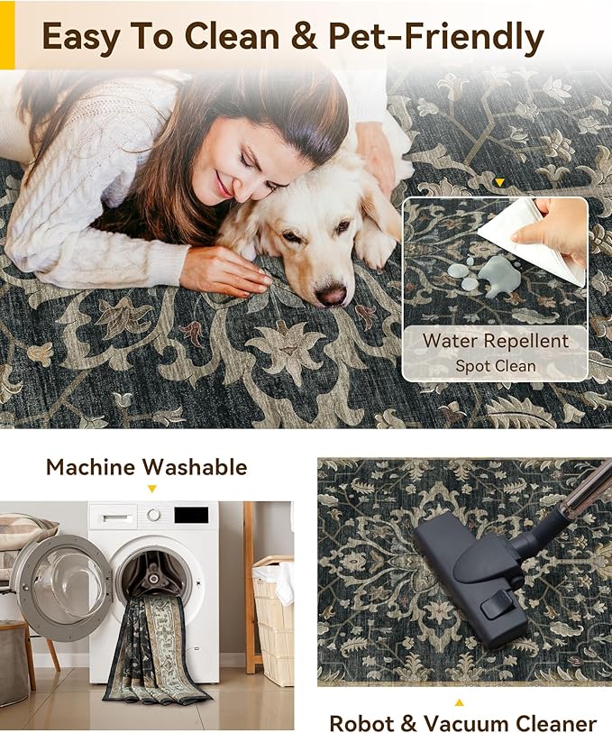 Area Rugs Round 8ft Washable Non-Slip, Floral Vintage Distress Print Pattern Medallion Carpet for Living Room Bedroom Dining Room, Vintage Black Brown Neutral
