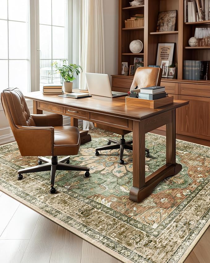 Area Rugs 5'x7' Washable Non-Slip, Floral Vintage Distress Print Pattern Medallion Carpet for Living Room Bedroom Dining Room, Brick Red Rust Neutral Brown Burnt Orange Green