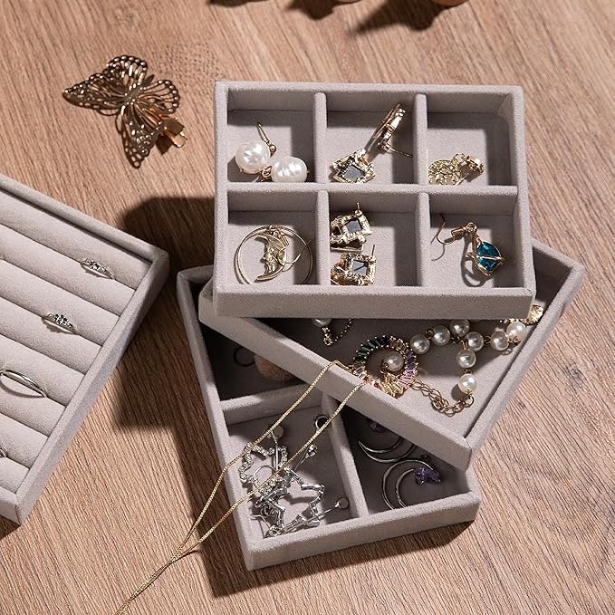 Frebeauty Small Jewelry Tray Set,Stackable Velvet Jewelry Organizer Tray,Mini Jewelry Drawer Organizer,Drawer Inserts,4.92 x 3.74 x 0.9 Inches,6 Grid Earring Organizer for Women(Set 2,White)