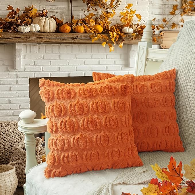 GEEORY Fall Pumpkins Soft Plush Pillow Covers, 16 x 16 Inch Set of 2, Fluffy Faux Fur Wool Decorative Farmhouse Cushion Case for Sofa Home Decoration Orange GC018-16