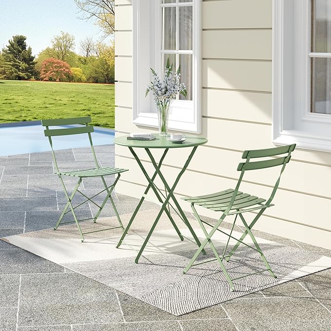 3-Piece Folding Bistro Set, Outdoor Patio Furniture Set with 2 Chairs & 1 Table, Space-Saving Foldable Balcony Garden Set with Heavy-Duty Powder-Coated Steel Frame, No Assembly Required, Green