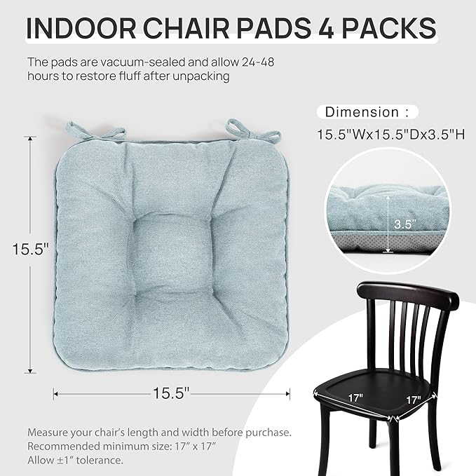 Love's cabin Memory Foam Chair Cushions Set of 4, 15.5"x15.5"x3.5" Indoor & Outdoor Seat Pads for Dining, Kitchen, Office, Patio Chairs - Light Blue