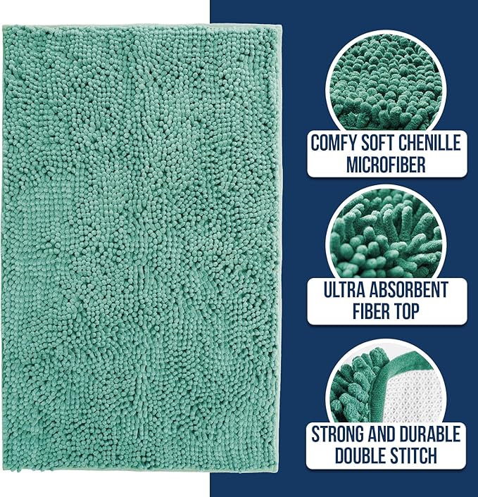 Muddy Mat Chenille Bathroom Rugs Quick Dry Microfiber Mats Non Slip Washable, Extra Thick, Soft and Highly Absorbent Bath Mats for Bathroom, Kitchen, and Shower Floor - Seafoam Green Runner 59"X24"